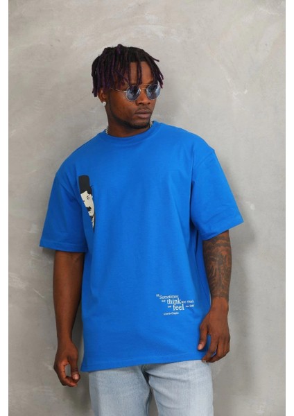 Unisex Oversize Baskılı Bisiklet Yaka T-Shirt - Mavi -Vlmr modelleri