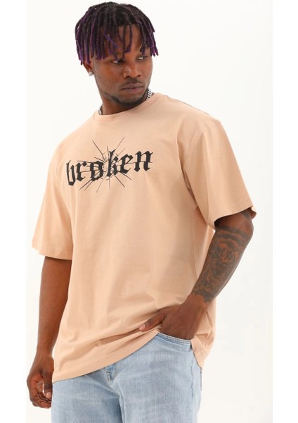 Unisex Oversize Baskılı Bisiklet Yaka T-Shirt - Bej -Vlmr