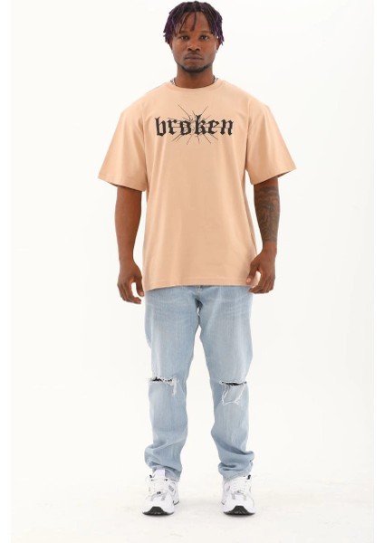 Unisex Oversize Baskılı Bisiklet Yaka T-Shirt - Bej -Vlmr fırsatları