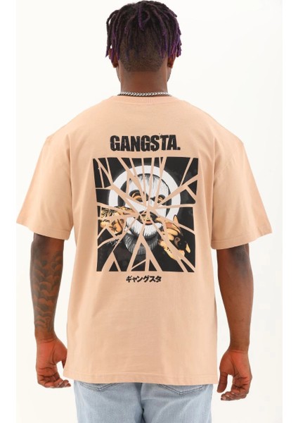 Unisex Oversize Baskılı Bisiklet Yaka T-Shirt - Bej -Vlmr indirimleri