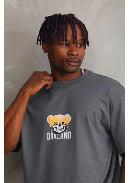 Unisex Baskılı Oversize T-Shirt - Füme -Vlmr