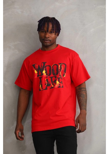 Unisex Baskılı Oversize T-Shirt - Kırmızı -Vlmr