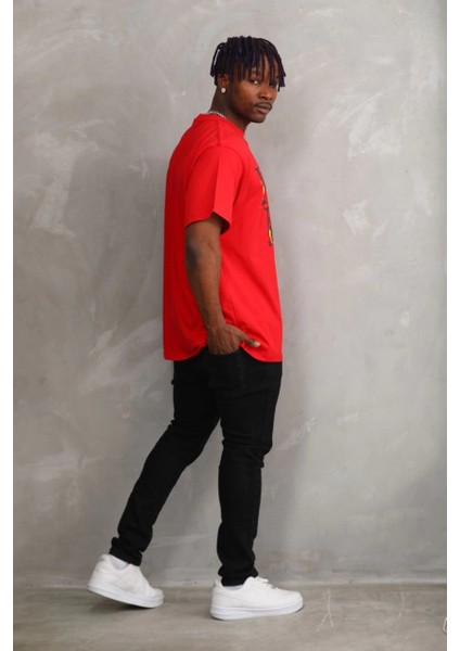 Unisex Baskılı Oversize T-Shirt - Kırmızı -Vlmr indirimleri