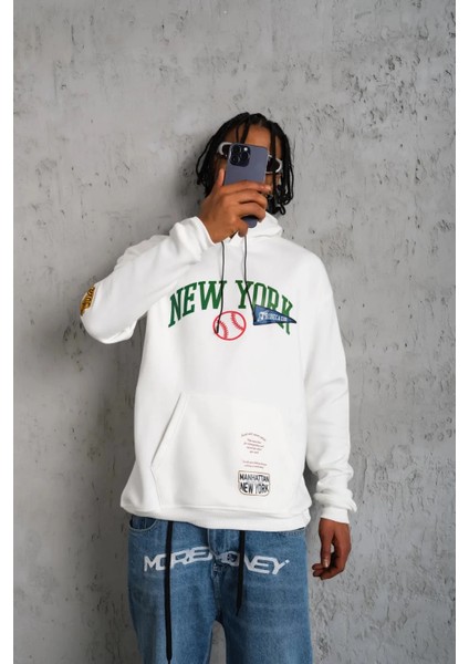 Erkek Baskılı Kapüşonlu Sweatshirt - Beyaz -Vlmr