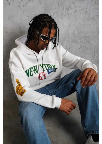 Erkek Baskılı Kapüşonlu Sweatshirt - Beyaz -Vlmr indirimleri