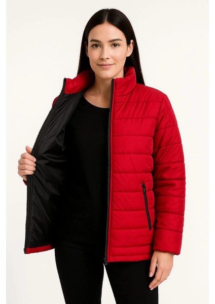 Kadın Bomber Mont Ceket - Su Itici Kumaş, Kapitone Astarlı, Fermuarlı, Kışlık - Kırmızı -Vlmr