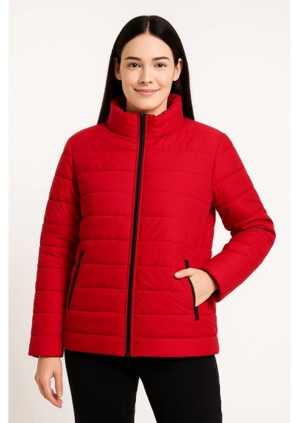 Kadın Bomber Mont Ceket - Su Itici Kumaş, Kapitone Astarlı, Fermuarlı, Kışlık - Kırmızı -Vlmr fırsatları