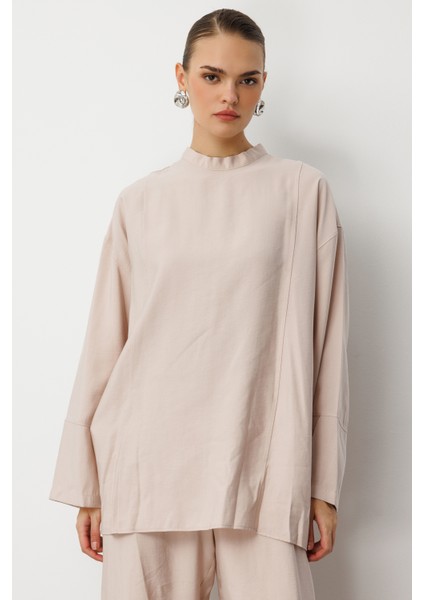 Oversize Yüksek Yaka Modal Karışımlı Bej Rengi Tunik modelleri