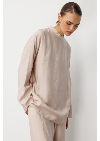Oversize Yüksek Yaka Modal Karışımlı Bej Rengi Tunik indirimleri