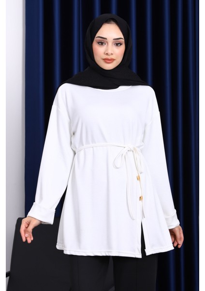 Ekru Düğme Detaylı Modal Sweat