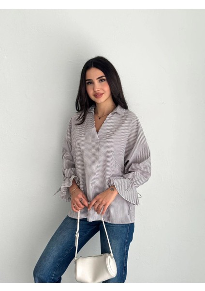 Kadın Arkası Asimetrik Yırtmaç Kesim Detaylı Cizgili Bluz Gömlek - Gri -Vlmr fırsatları