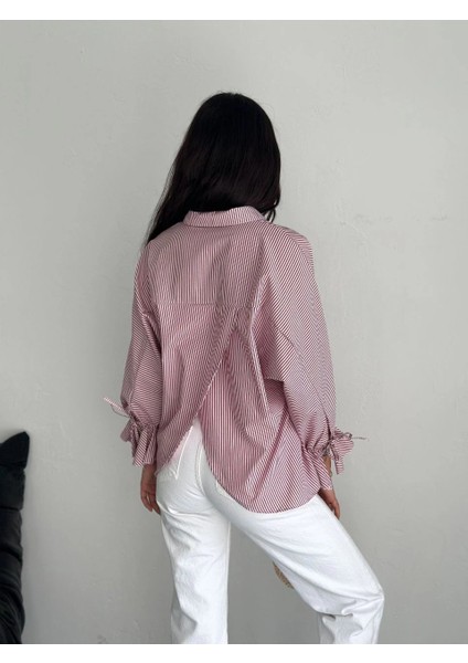 Kadın Arkası Asimetrik Yırtmaç Kesim Detaylı Cizgili Bluz Gömlek - Bordo -Vlmr fiyatları