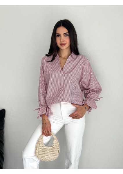 Kadın Arkası Asimetrik Yırtmaç Kesim Detaylı Cizgili Bluz Gömlek - Bordo -Vlmr modelleri