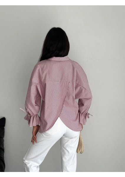 Kadın Arkası Asimetrik Yırtmaç Kesim Detaylı Cizgili Bluz Gömlek - Bordo -Vlmr fırsatları