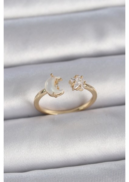 Pirinç Gold Renk Incili Hilal Zirkon Taşlı Yıldız Ayarlanabilir Model Kadın Yüzük