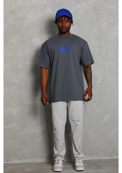 Unisex Oversize Baskılı Bisiklet Yaka T-Shirt - Füme -Vlmr modelleri