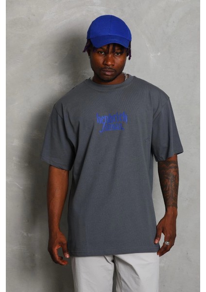 Unisex Oversize Baskılı Bisiklet Yaka T-Shirt - Füme -Vlmr fırsatları