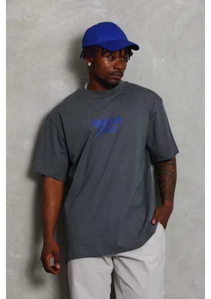 Unisex Oversize Baskılı Bisiklet Yaka T-Shirt - Füme -Vlmr indirimleri