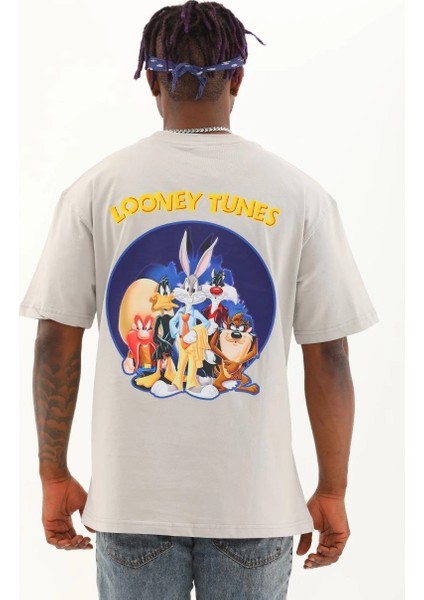 Unisex Oversize Baskılı Bisiklet Yaka T-Shirt - Gri -Vlmr indirimleri