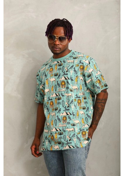 Unisex Oversize Baskılı Bisiklet Yaka T-Shirt - Mint Yeşili -Vlmr fırsatları