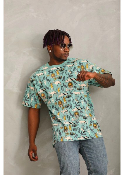 Unisex Oversize Baskılı Bisiklet Yaka T-Shirt - Mint Yeşili -Vlmr indirimleri