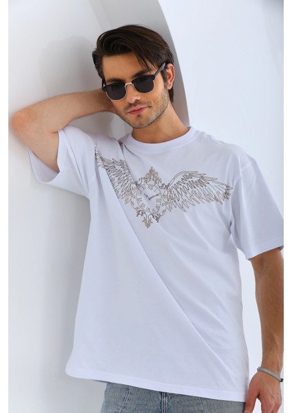 Unisex Oversize Taşlı Bisiklet Yaka T-Shirt - Beyaz -Vlmr modelleri