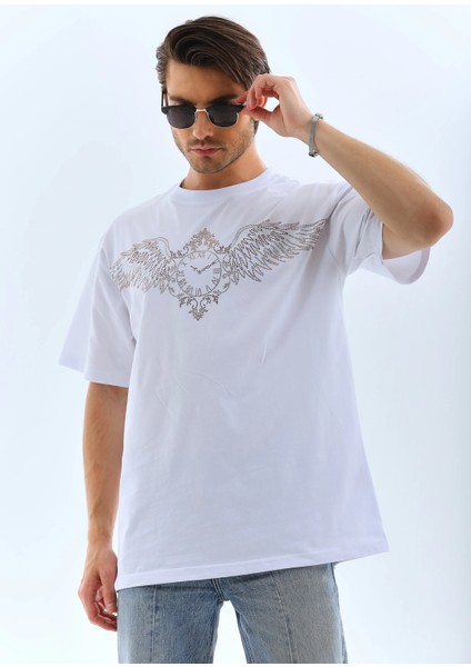 Unisex Oversize Taşlı Bisiklet Yaka T-Shirt - Beyaz -Vlmr indirimleri