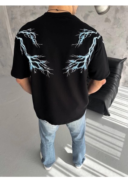 Unisex Bisiklet Yaka Baskılı Oversize T-Shirt - Siyah -Vlmr modelleri