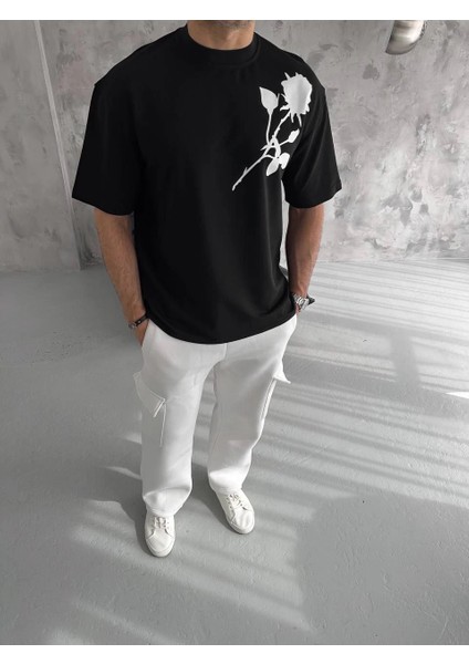 Unisex Bisiklet Yaka Baskılı Oversize T-Shirt - Siyah -Vlmr