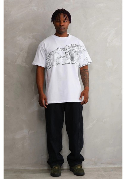 Unisex Bisiklet Yaka Baskılı Oversize T-Shirt - Beyaz -Vlmr fırsatları