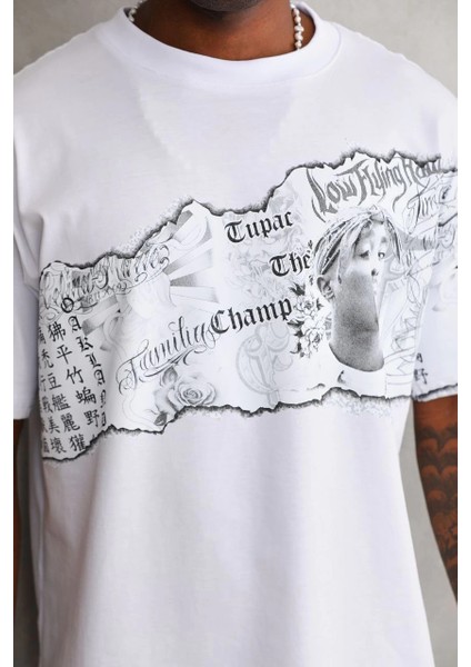 Unisex Bisiklet Yaka Baskılı Oversize T-Shirt - Beyaz -Vlmr indirimleri