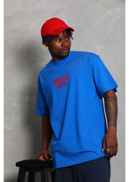 Unisex Oversize Baskılı Bisiklet Yaka T-Shirt - Mavi -Vlmr