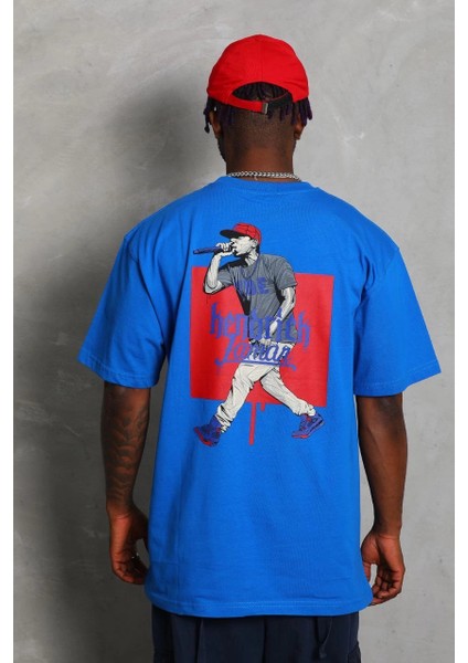 Unisex Oversize Baskılı Bisiklet Yaka T-Shirt - Mavi -Vlmr fırsatları