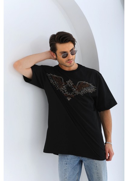 Unisex Oversize Taşlı Bisiklet Yaka T-Shirt - Siyah -Vlmr modelleri