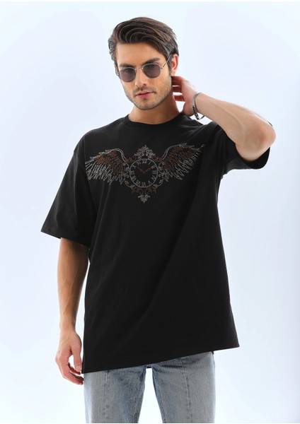 Unisex Oversize Taşlı Bisiklet Yaka T-Shirt - Siyah -Vlmr indirimleri