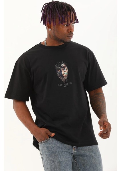 Unisex Oversize Baskılı Bisiklet Yaka T-Shirt - Siyah -Vlmr fiyatları