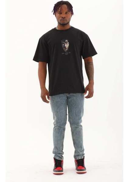 Unisex Oversize Baskılı Bisiklet Yaka T-Shirt - Siyah -Vlmr modelleri