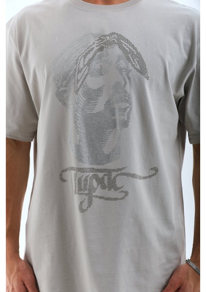 Unisex Oversize Taşlı Bisiklet Yaka T-Shirt - Gri -Vlmr modelleri