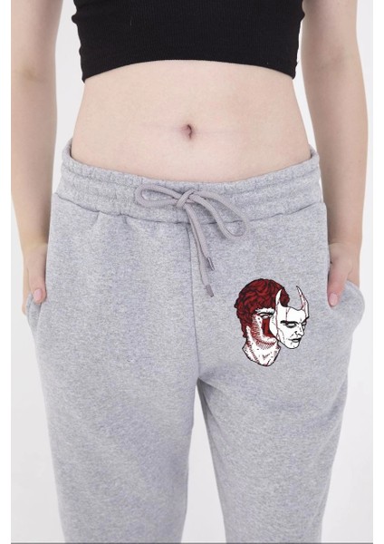 Kadın Lastikli Baskılı Eşofman Pantolon - Gri -Vlmr