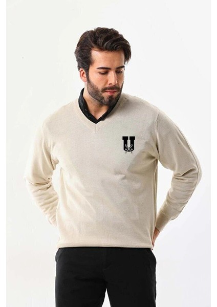 Baskılı V Yaka Uzun Kol Dokuma Triko - Bej -Vlmr