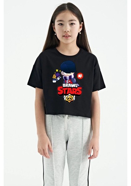 Unisex Bisiklet Yaka Kısa Kol Baskılı Çocuk T-Shirt - Siyah -Vlmr