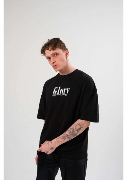 Unisex Bisiklet Yaka Baskılı Oversize T-Shirt - Siyah -Vlmr