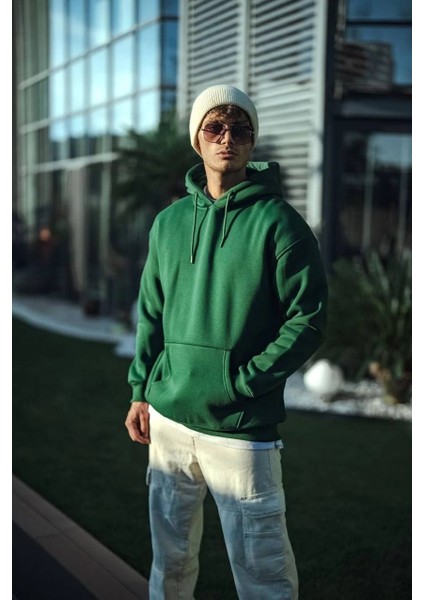 Üç Iplik Penye Kapşonlu Basic Sweatshirt - Haki -Vlmr