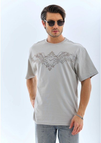 Unisex Oversize Taşlı Bisiklet Yaka T-Shirt - Gri -Vlmr indirimleri