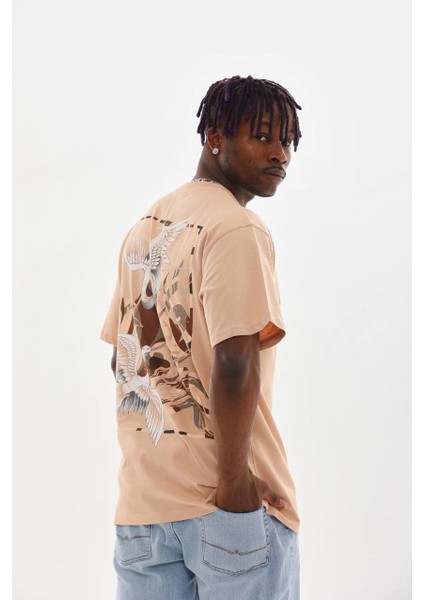 Unisex Baskılı Oversize T-Shirt - Bej -Vlmr fırsatları