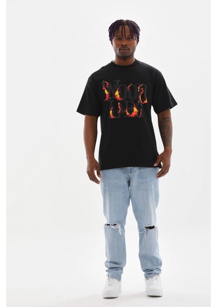 Unisex Baskılı Oversize T-Shirt - Siyah -Vlmr fırsatları