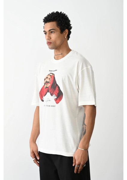 Unisex Baskılı Oversize T-Shirt - Beyaz -Vlmr fiyatları