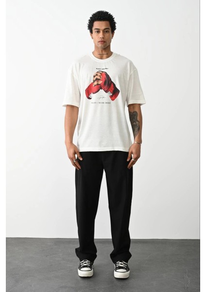 Unisex Baskılı Oversize T-Shirt - Beyaz -Vlmr modelleri