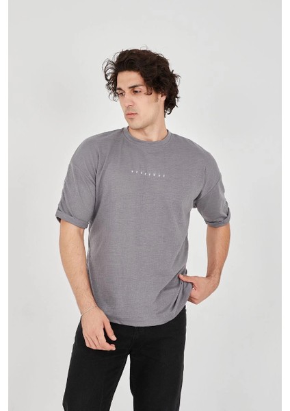 Unisex Jakar Kumaş Rahat Kol T-Shirt - Gri -Vlmr