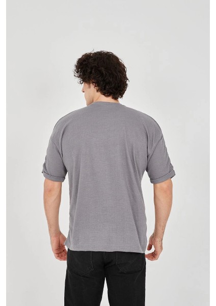 Unisex Jakar Kumaş Rahat Kol T-Shirt - Gri -Vlmr modelleri